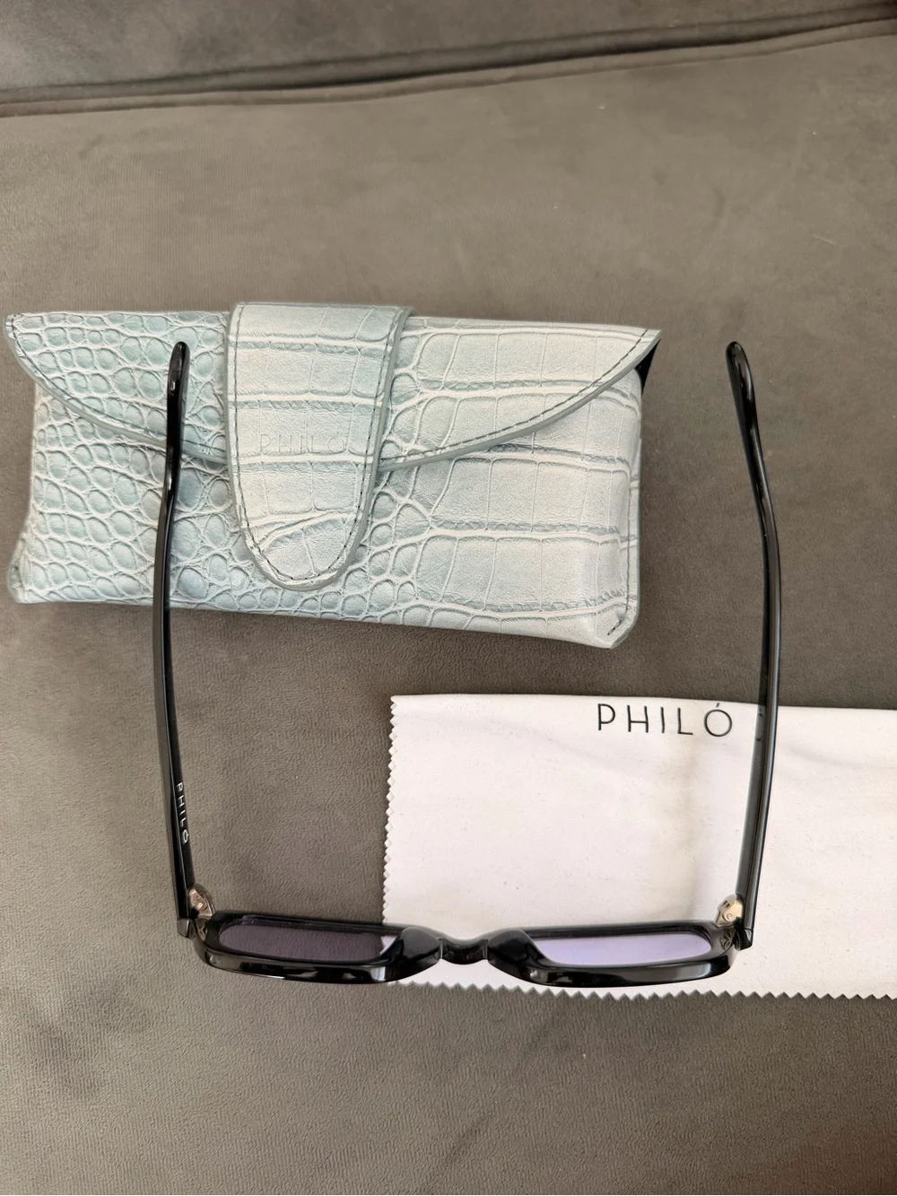 Philo Hugo Black Rectangle Sunglasses with Purple Lenses